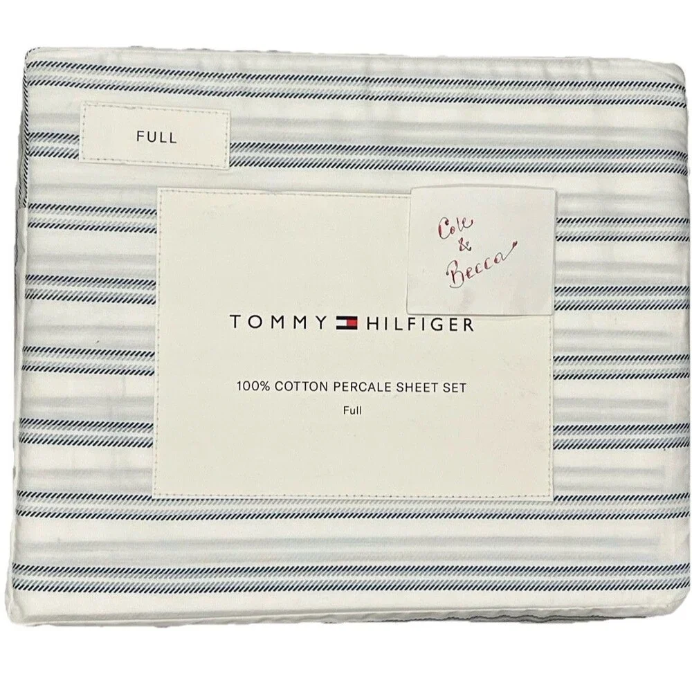 Tommy Hilfiger Home FULL Sheet Set Rhode Island Blue Stripe 100% Cotton Percale